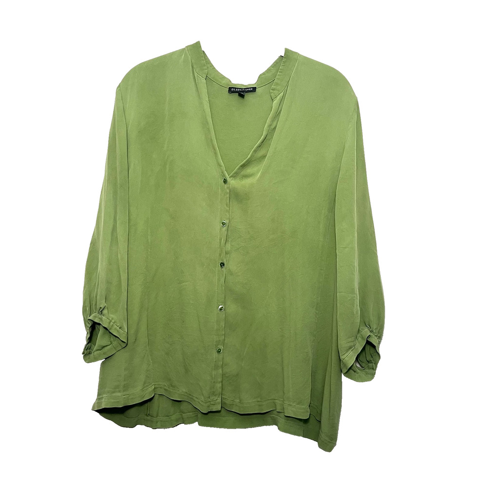 Eileen Fisher Green Silk Button Front 3/4 Sleeve Tunic Blouse XL Relaxed Comfort